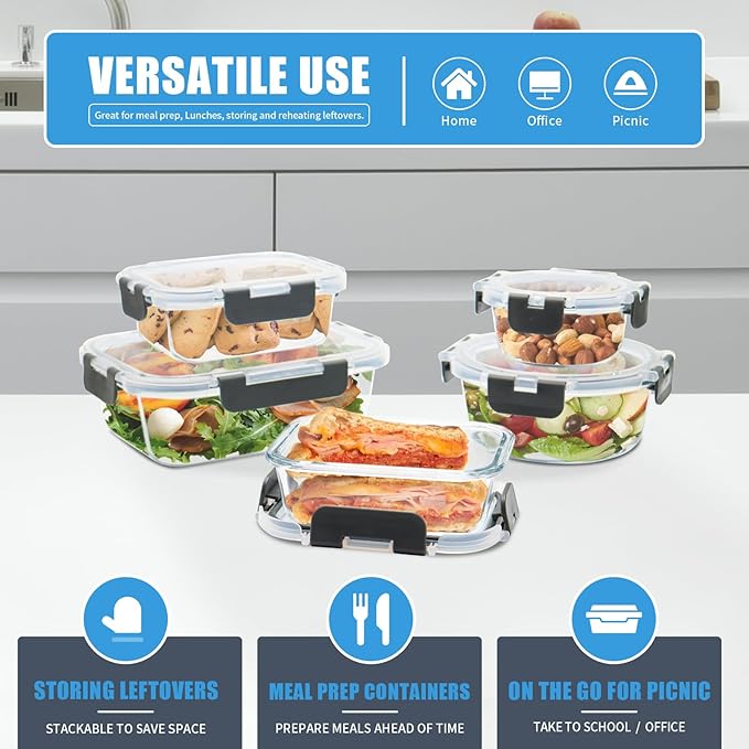 12 Pack Glass Food Storage Containers with Airtight Lids for Meal Prep, Leftover, BPA-Free, Leak-Proof, Freezer to Microwave Safe (12 Lids & 12 Containers)-FlexoryFit