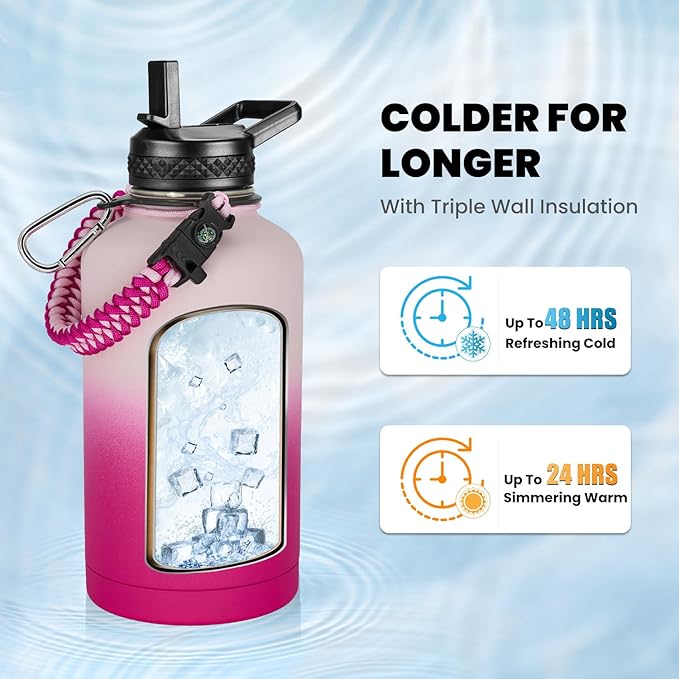 Insulated Water Bottle 64 oz, Triple Wall Vacuum Stainless Steel (Cold for 48 Hrs), Leak Proof & Non-BPA, Half Gallon Water Flask Jug with Paracord Handle & Straw Spout Lids, Ombre Pink-FlexoryFit