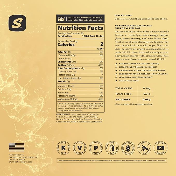Keto Chow SALTT Electrolytes Powder Packets, Caramel Vibes (30 Hydration Packets) - Magnesium, Potassium, Sodium, Trace Minerals - Vegan, Gluten Free, Sugar Free - Travel Essentials - Made in USA-FlexoryFit