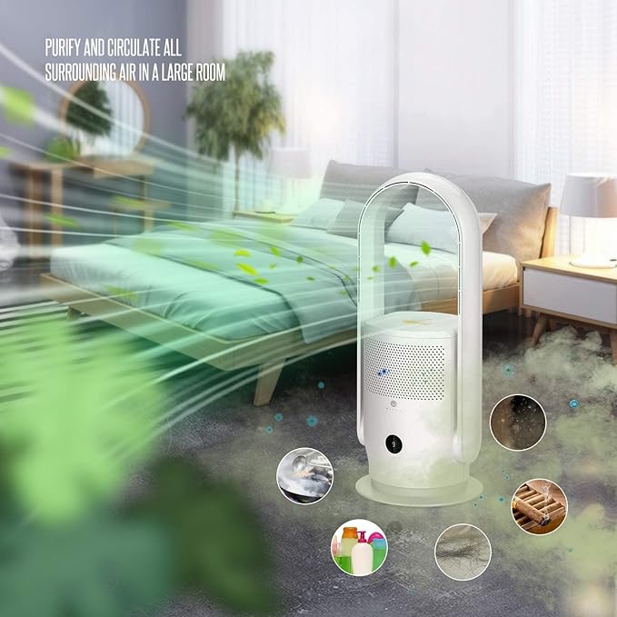 ULTTY Bladeless Tower Fan with Air Purifier, 90° Oscillating Bladeless Fan with Remote, Touch, 8H Timer, Floor Fans for Bedroom Whole Room Home Office R021, White