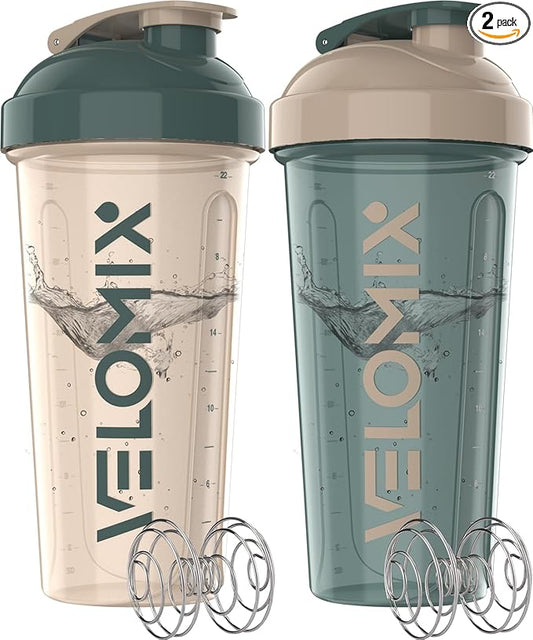 '-2 Pack- 28 oz Protein Shaker Bottles for Protein Mixes - 2x Wire Whisk | Leak Proof Shaker Cups for Protein Shakes | Protein Shaker Bottle Pack | Shakers for Protein Shakes-Blue&Beige-FlexoryFit