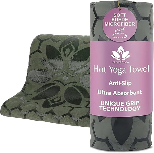 Clever Yoga Non-Slip Hot Yoga Towel – Non-Slip Grip for Hot Yoga, Sweat Absorbent, Honeycomb Silicone Grip, Stays Flat – Ideal for Pilates, Travel, Washable & Lightweight - Olive-FlexoryFit