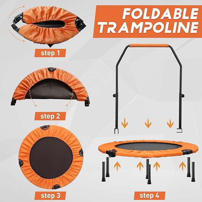 HYD-Parts 40" 48" Mini Trampoline for Adults and Kids Exercise Rebounder with Adjustable Bar Fitness Trampoline Indoor Max Load 330 440lbs-FlexoryFit