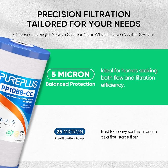 PUREPLUS 5 Micron 10" x 4.5" Whole House Sediment and Carbon Water Filter - Image 3