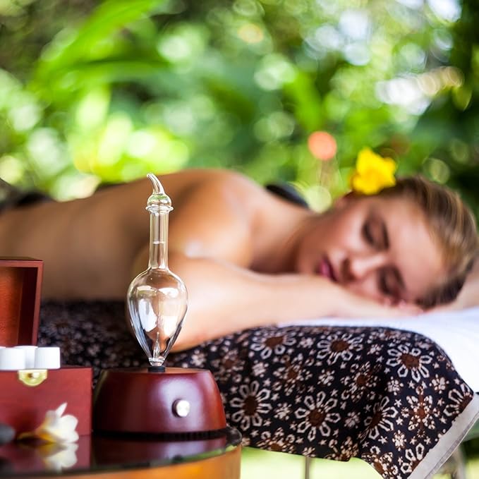 Elegance Nebulizing Essential Oil Diffuser for Aromatherapy by Organic Aromas Dark-Colored Wood Base and Glass Top
