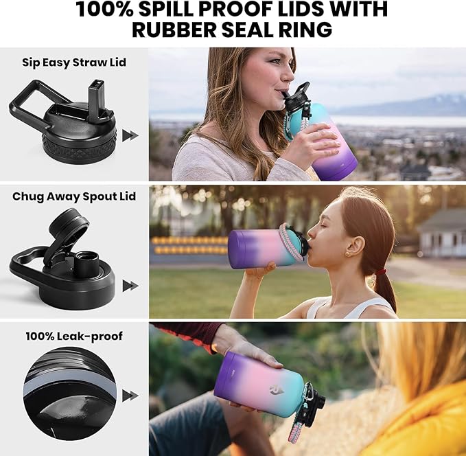 Insulated Water Bottle 64 oz, Triple Wall Vacuum Stainless Steel (Cold for 48 Hrs), Leak Proof & Non-BPA, Half Gallon Water Flask Jug with Paracord Handle & Straw Spout Lids, Hydrangea-FlexoryFit