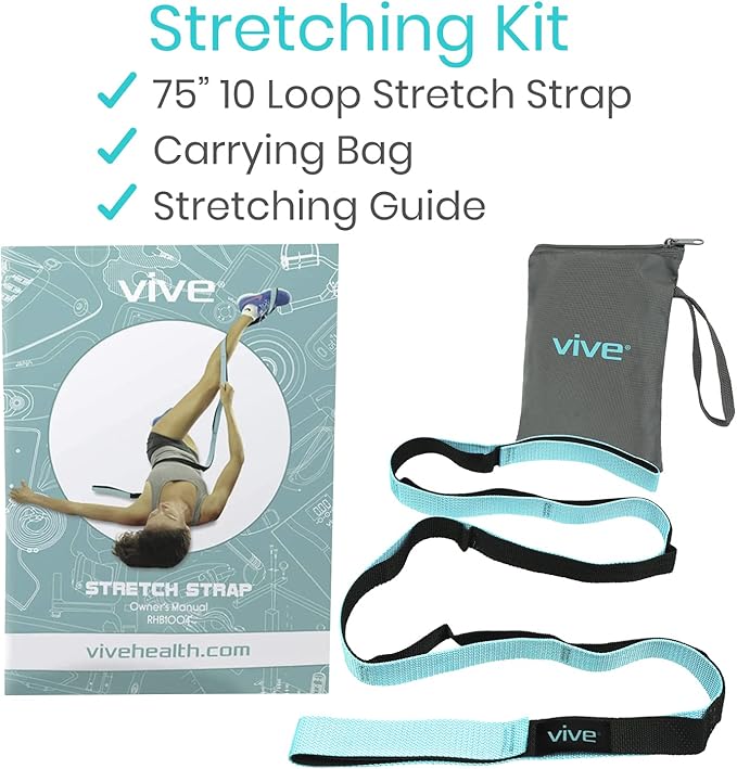 Vive Stretch Strap (75" - 10 Loops) - Leg Stretch Band to Improve Flexibility - Stretching Out Yoga Strap - Exercise and Physical Therapy Belt for Rehab, Pilates and Gymnastics with Guide Book-FlexoryFit