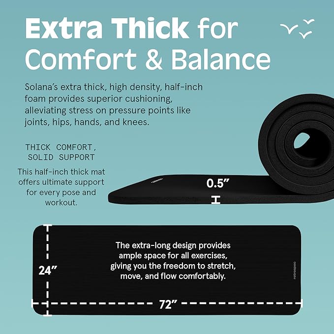 Retrospec Solana Yoga Mat 1/2" Thick w/Nylon Strap for Men & Women - Non Slip Exercise Mat for Yoga, Pilates, Stretching, Floor & Fitness Workouts-FlexoryFit