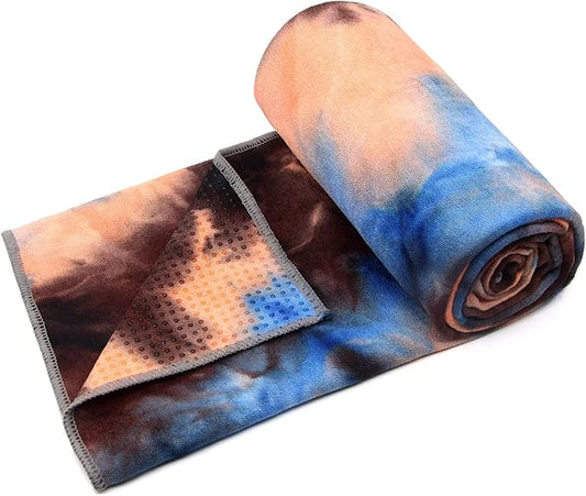 Eunzel Yoga Towel,Hot Yoga Mat Towel with Grip Dots Sweat Absorbent Non-Slip for Hot Yoga, Pilates and Workout 24" x72", Blue & Brown-FlexoryFit