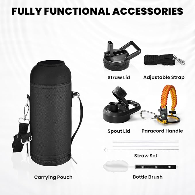 Insulated Water Bottle 40 oz, Triple Wall Vacuum Stainless Steel (Cold for 48 Hrs), Leak Proof & Non-BPA, Modern Water Flask Jug with Paracord Handle & Straw Spout Lids, Ombre Orange-FlexoryFit