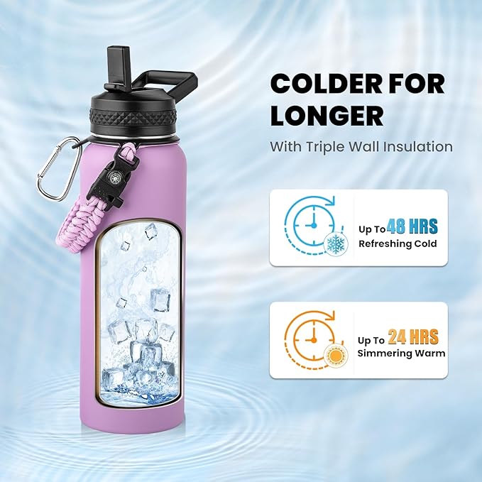 Insulated Water Bottle 40 oz, Triple Wall Vacuum Stainless Steel (Cold for 48 Hrs), Leak Proof & Non-BPA, Modern Water Flask Jug with Paracord Handle & Straw Spout Lids, Lilac-FlexoryFit