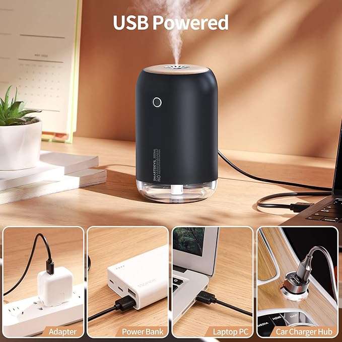 SmartDevil Portable Mini Humidifier, 500ml Desk Plant Humidifier, USB Personal for Bedroom, Office with Night Light, 2 Mist Modes, Black