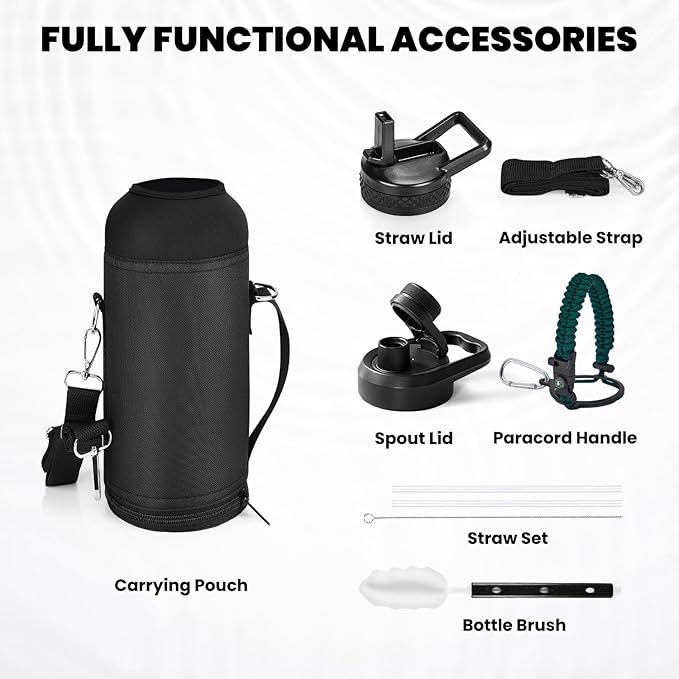Insulated Water Bottle 40 oz, Triple Wall Vacuum Stainless Steel (Cold for 48 Hrs), Leak Proof & Non-BPA, Modern Water Flask Jug with Paracord Handle & Straw Spout Lids, Dark Green-FlexoryFit