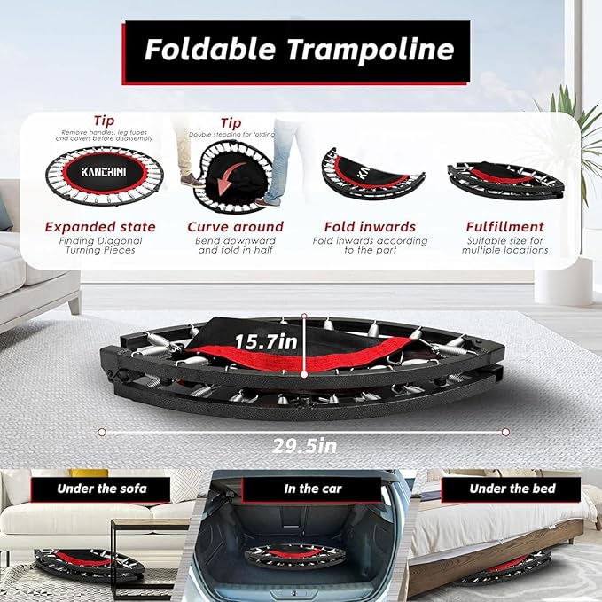 Kanchimi 550 LBS Foldable Mini Trampoline, 40" Fitness Trampoline Without armrests/U Shape Adjustable Foam Handle, Stable&Quiet Exercise Rebounder for Adults Indoor/Outdoor Workout-FlexoryFit