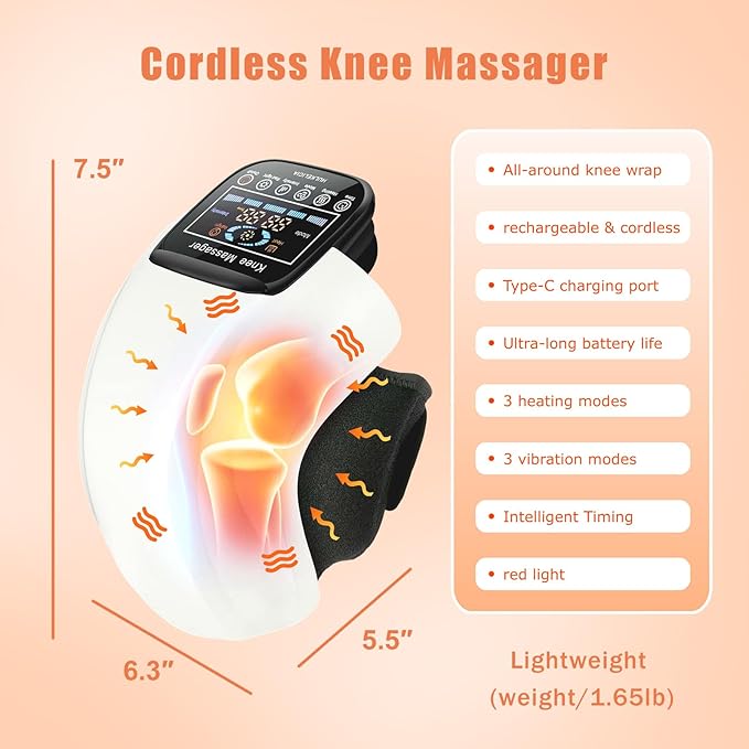 Knee Massager, Cordless Massager with Heat and Compression LED Screen Wearable Infrared Vibration Rechargeable Electronic Massage for Joint Pain Injury Swelling Stiffness, 1.0 Count-FlexoryFit