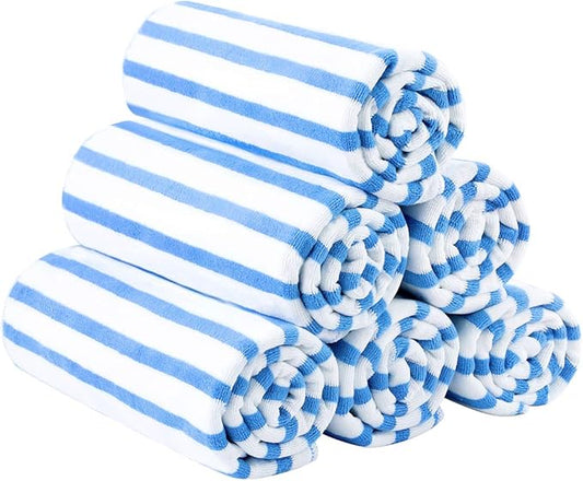 JML Microfiber Beach Towels, Large Bath Towel Set (6 Pack, 27" x 55") - Cabana Stripe - Quick Dry Microfiber Towels for Pool, Bath, Sport, Yoga, Camping, Swimming, Blue-FlexoryFit
