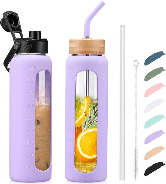 Kodrine Water Bottle with Straw, 24 oz Glass water Bottle with 2 Lids Bamboo Straw Lid and Spout Lid with Handle, 32 oz Clear Water Bottle Glass for Sports Travel, Waterbottle with Time Marker-FlexoryFit