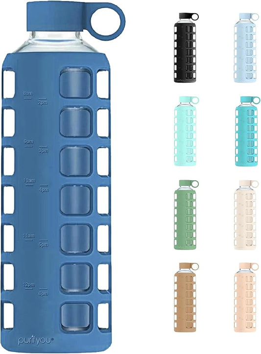 purifyou 40oz / 32oz / 22oz / 12oz Borosilicate Glass Water Bottle with Time & Volume Markers, Silicone Sleeve, Stainless Steel Lid | Reusable Glass Bottle for Water & Juice (22oz Chinese Porcelain)