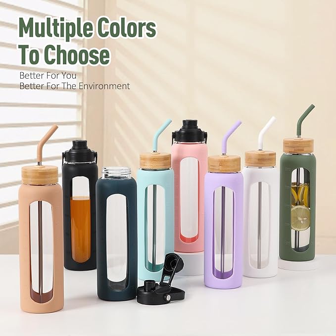 Kodrine Water Bottle with Straw, 24 oz Glass water Bottle with 2 Lids Bamboo Straw Lid and Spout Lid with Handle, 32 oz Clear Water Bottle Glass for Sports Travel, Waterbottle with Time Marker-FlexoryFit