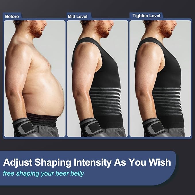 Odoland Men Body Shaper Compression Shirt, Adjustable Velcro Waist Trimmer Belt Intensity, Slimming Shapewear Tummy Control-FlexoryFit