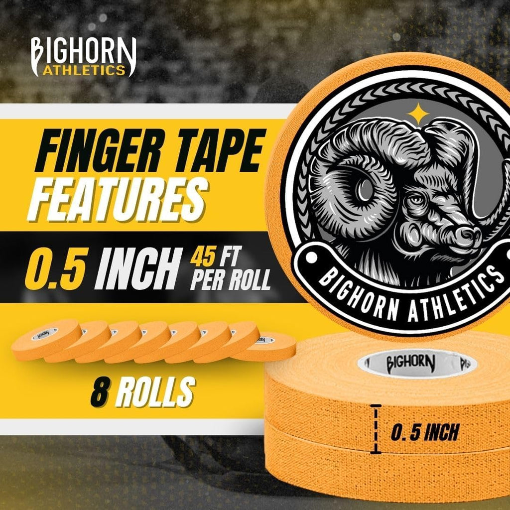 Bighorn Athletics Jiu Jitsu Finger Tape, Rock Climbing Tape | Multipurpose for Sports & Injuries: MMA, Volleyball, Football, Basketball, Tennis, Golf, Hands & Toes, 0.5-Inch x 45-feet, 8-Rolls, Orange