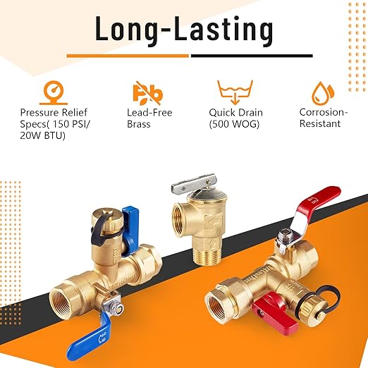 (Set of 1 Kit) HeSun 3/4" FIP X 3/4" FIP IPS Isolator Tankless Water Heater Service Valve Kit, with Pressure Relief Valve
