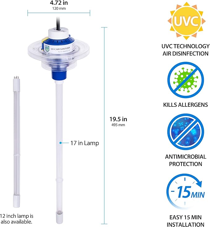 UV Light for AC System, Cleans HVAC Ducts and AC Coils of Bacteria, Germs, Mold and Allergens, Complete Unit, 50-BUVAS-E