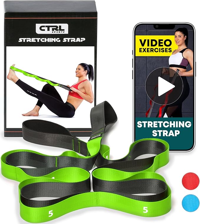 Stretching Strap with Loops - Non Elastic Stretch Band for Physical Therapy, Yoga Strap for Stretching Equipment, Stretch Bands for Exercise and Flexibility - Fascia, Hamstring & Leg Stretcher Belt-FlexoryFit