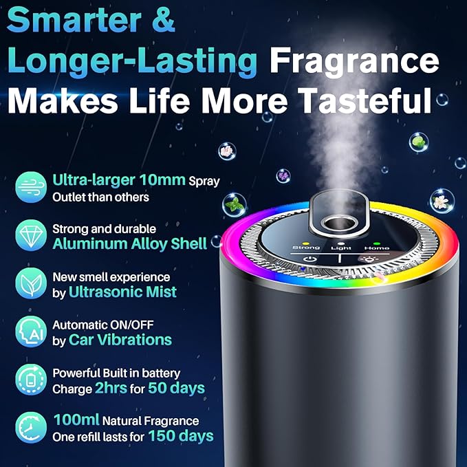Smart Car Air Freshener with Starry Sky Projection, 50ml Perfume Air Fresheners Diffuser 6 Months Long-Lasting Fragrance for Car, RGB Music-Sync Lights, Auto On/Off Intelligent, 3 Modes, Oceanic Azure