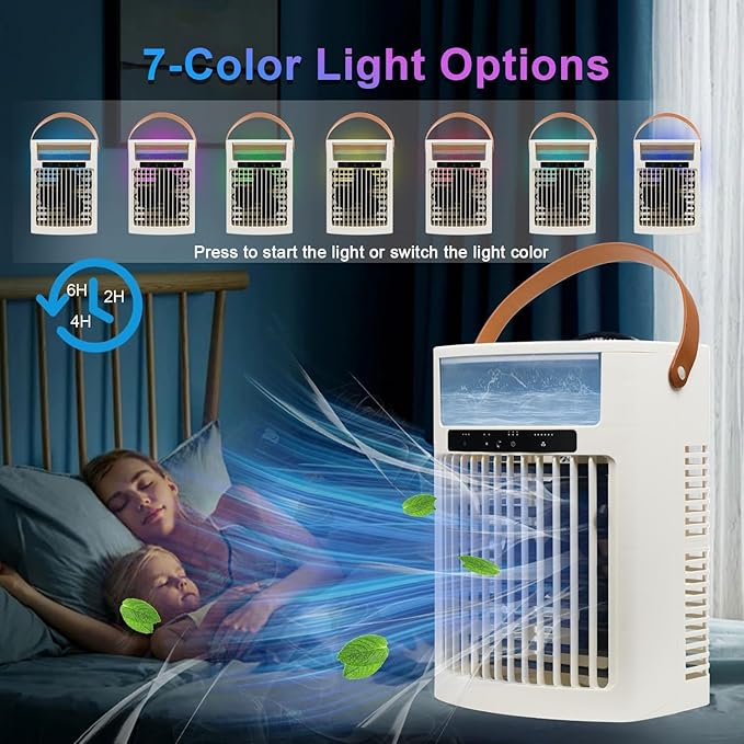 Portable Air Conditioners, air cooler, 1000ML Cooling fan Air Conditioner, 5 Wind Speed & 7 LED Light, 3 Cool Mist& 2/4/6 Timer, USB Cooling Fan for home office outdoor