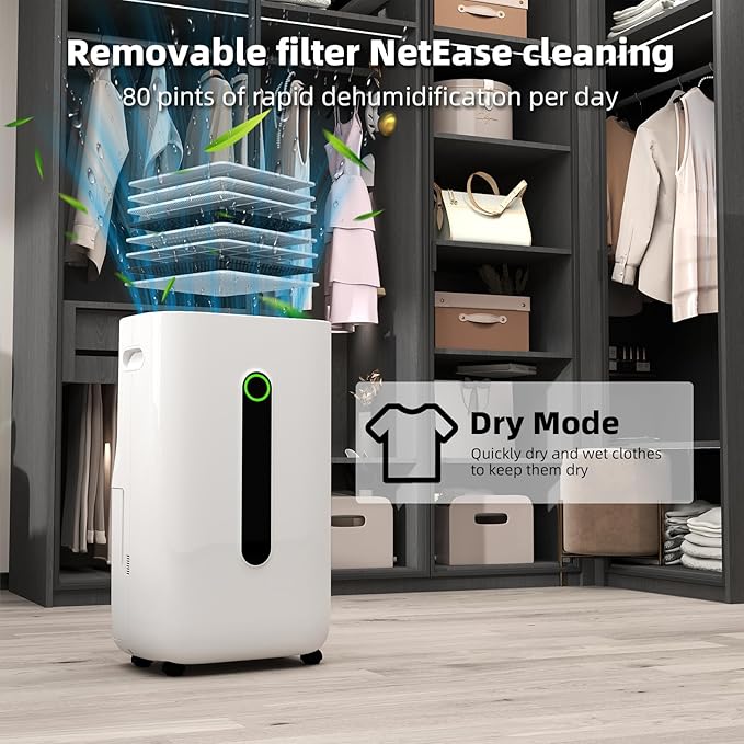5000 sq.ft dehumidifier for basements with drain Hose, 80 pint dehumidifiers for home with 1.7 Gallons large Water Tank and 4 Modes Operation Auto Shut-off,24H Timer,Child Lock,Defrost,Silent