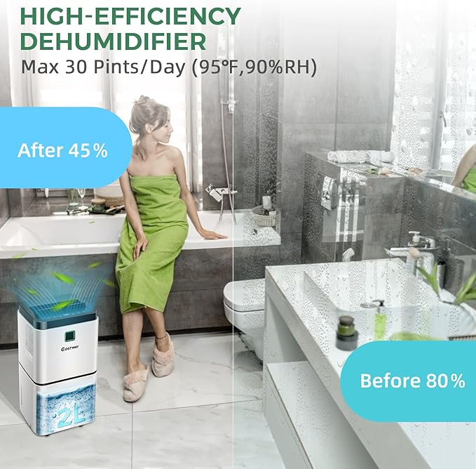 COSTWAY Dehumidifier for Large Room & Basements, 1500 Sq. Ft Portable 30 Pints Dehumidifier with 3 Color LED Light, 3 Modes, 2 Speeds, 12H Timer, Auto or Manual Drainage