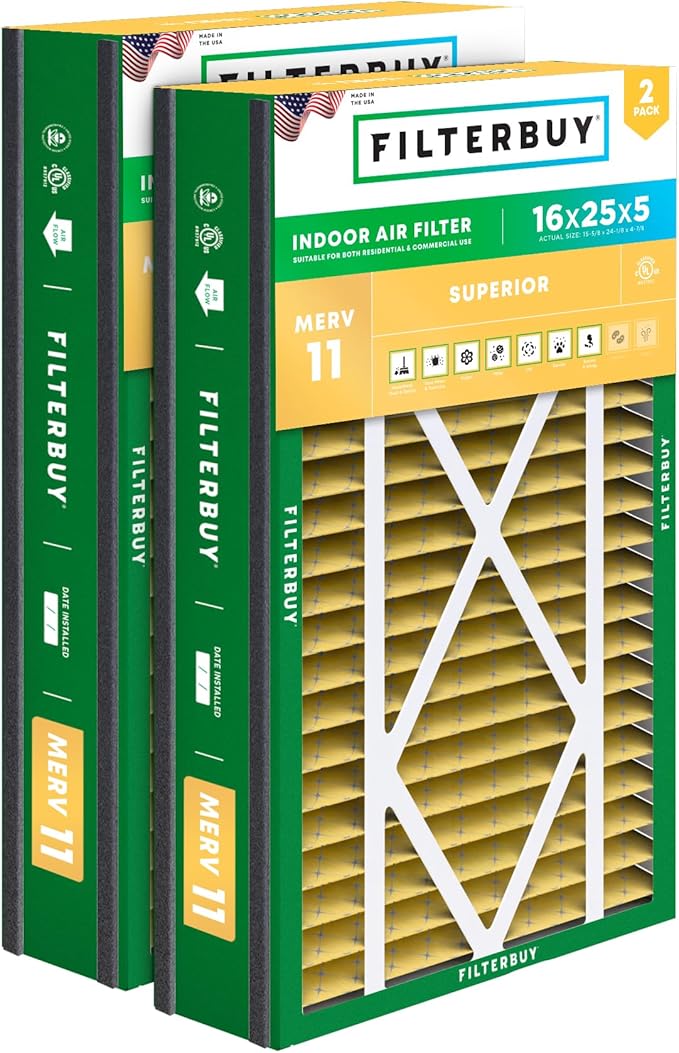 Filterbuy 16x25x5 Air Filter MERV 11 (MPR 1200) Allergen Defense Replacement (2-Pack), Pleated HVAC AC Furnace Filters for Trion Air Bear 255649-105 and More (Actual Size: 15.63 x 24.13 x 4.88)