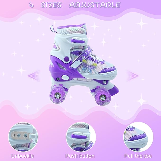Kids Roller Skates for Girls-Outdoor 4 Size Adjustable Butterfly Quad Rollerskates for Indoor Ages 3-12 Years Beginners Children's Birthday Gift with Light Up Wheels patines para niñas Indoor-FlexoryFit