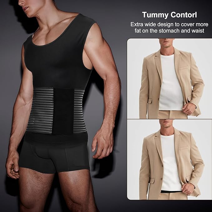 Odoland Men Body Shaper Compression Shirt, Adjustable Velcro Waist Trimmer Belt Intensity, Slimming Shapewear Tummy Control-FlexoryFit