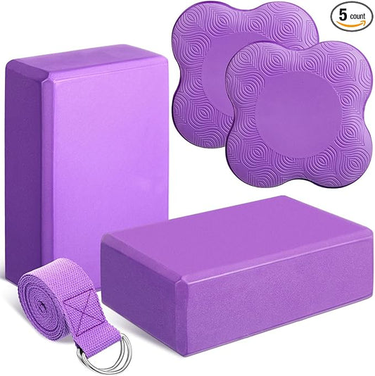 5 Pcs Yoga Blocks Knee Pads Yoga Strap Set Soft Premium Foam Blocks Accessories for Pilates Meditation General Fitness Stability, Kneeling, Balance, Deepen Stretches and Toning-FlexoryFit