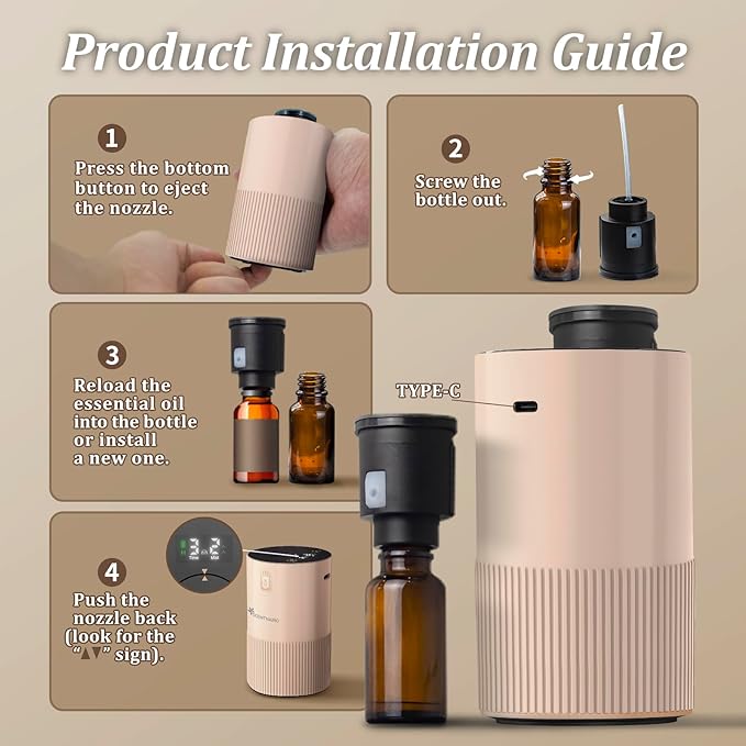 Waterless Diffuser for Essential Oil - Aromatherapy Diffuser for Home with Battery Indicator, Portable Scent Air Machine 1/2/3&Continuous Mist,Timer Function,500Sq.Ft Scent Coverage (Cream Pink)