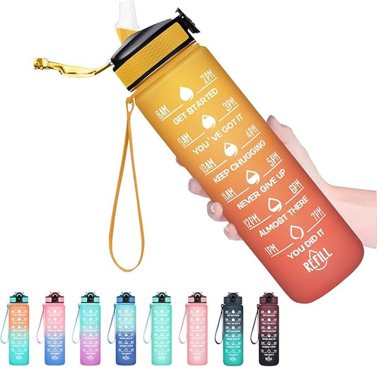 Hyeta 32 oz Water Bottles with Times to Drink and Straw, Motivational Water Bottle with Time Marker, Leakproof, Drinking Sports Water Bottle for Fitness, Gym and Outdoor-FlexoryFit