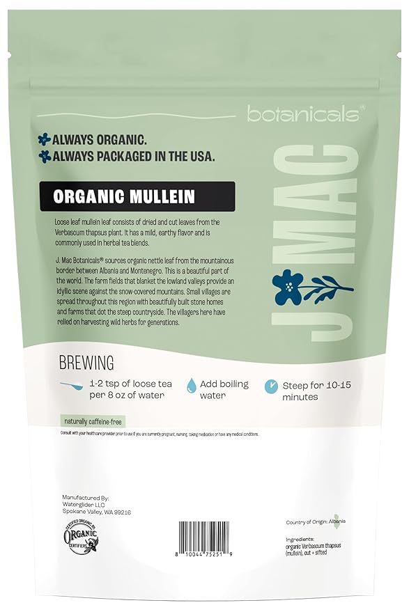 J Mac Botanicals Organic Mullein Leaves (4 oz) Certified USDA Organic. Loose Leaf Mullein Herbal Tea-FlexoryFit