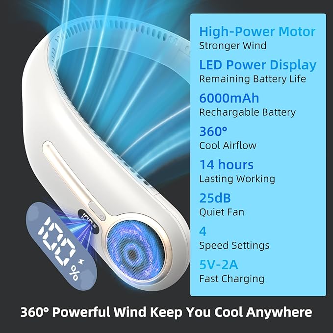 Portable Neck Fan,Hands Free Personal Wearable Bladeless Fan,6000mAh USB Rechargeable,360° Cooling,LED Display,4-Speeds,Birthday Gifts for Men Women Dad Mom,Outdoor Indoor Travel Camping (Light grey)