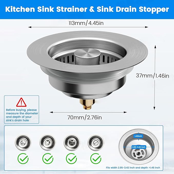 Upgraded 3-in-1 Kitchen Sink Drain Strainer Stopper 2025|Rust-Proof Strainer Basket |Universal Fit for Standard 3.5" Drains |Anti-Clog&Odor Filter |Efficient Drainage (Stainless Steel, 1 PC)