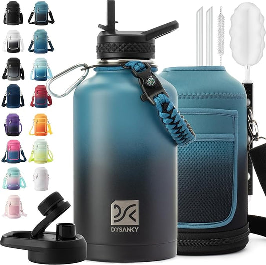 Insulated Water Bottle | Thickened Stainless Steel Vacuum Metal | Portable Sports Half Gallon Large Water Jug for Gym and Hiking with Straw, Carrier Bag, Handle Strap | BPA-Free 64 oz-FlexoryFit