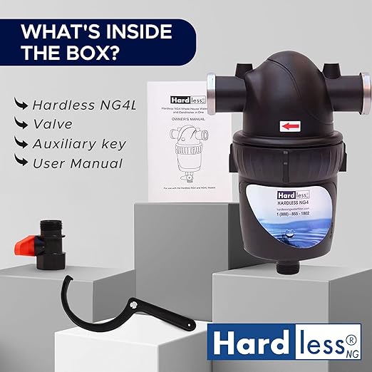 Hardless NG4 Whole House Water Filter- Salt-Free Alternative Softening Device- Reduces Limescale, Sediment & More - Compact, Easy to Install- Comes with 3/4" Inlet/Outlet- Home Water Filtration System