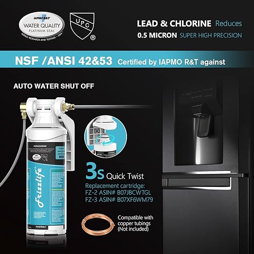 Frizzlife Inline Water Filter System for Fridge, Ice Maker, Under Sink, Certified 0.5 Micron Reduces Chlorine, Lead, Long Lasting, Compression Brass Fittings Fits for Copper Tubing, MS99