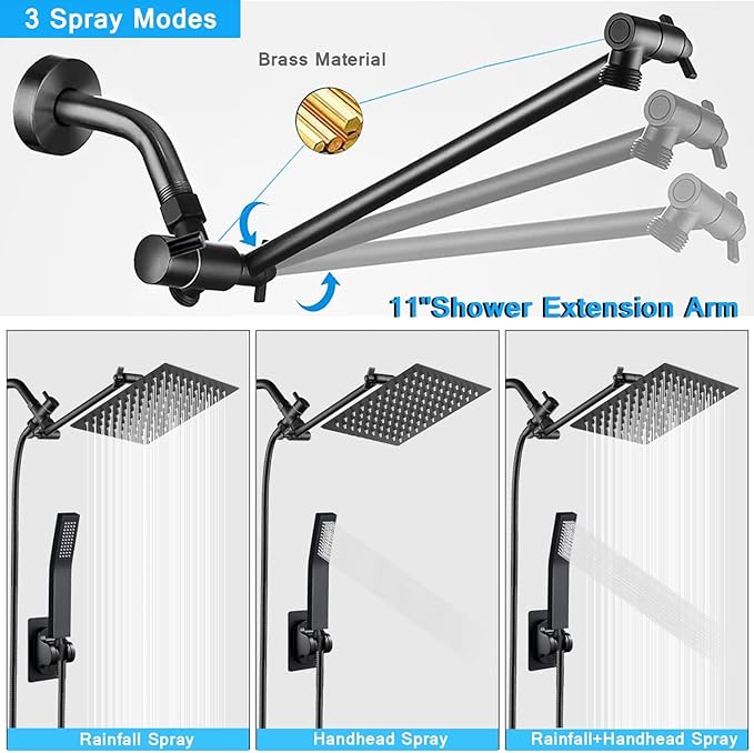 All Metal 12'' Rain/Rainfall Shower Head with Handheld Spray Combo, High Pressure Square Shower Head with 13'' Extension Arm, Dual Black Shower Heads with 78'' Hose, Waterfall Showerhead, BELLEARLY