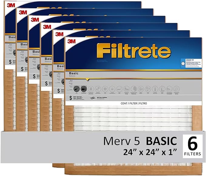 Filtrete 24x24x1 Air Filter, 3M MERV 5 HVAC AC Furnace Filter Replacement, 6-Pack (Actual Size 23.81x23.81x0.88 in)