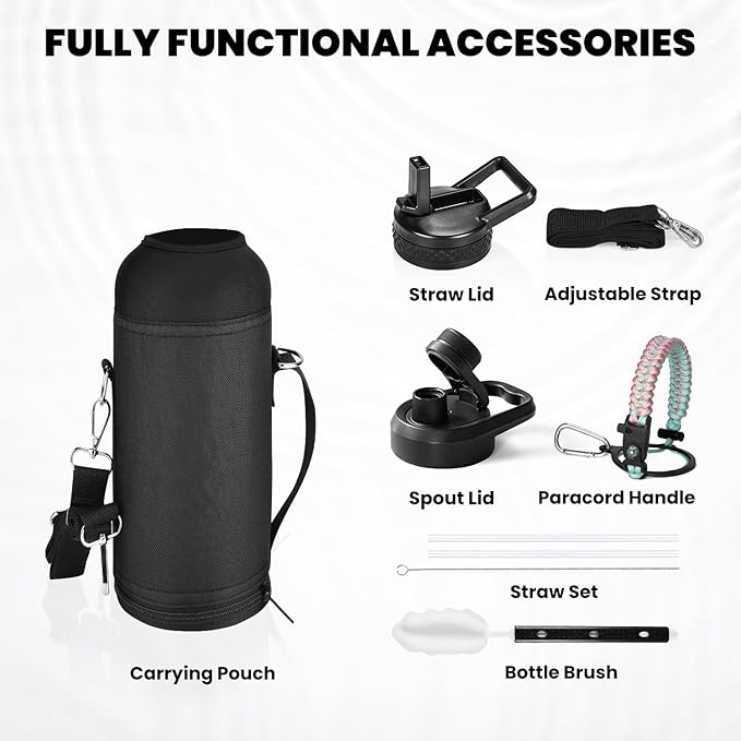 Insulated Water Bottle 40 oz, Triple Wall Vacuum Stainless Steel (Cold for 48 Hrs), Leak Proof & BPA-Free, Modern Water Flask Jug with Paracord Handle & Straw Spout Lids, Hydrangea-FlexoryFit