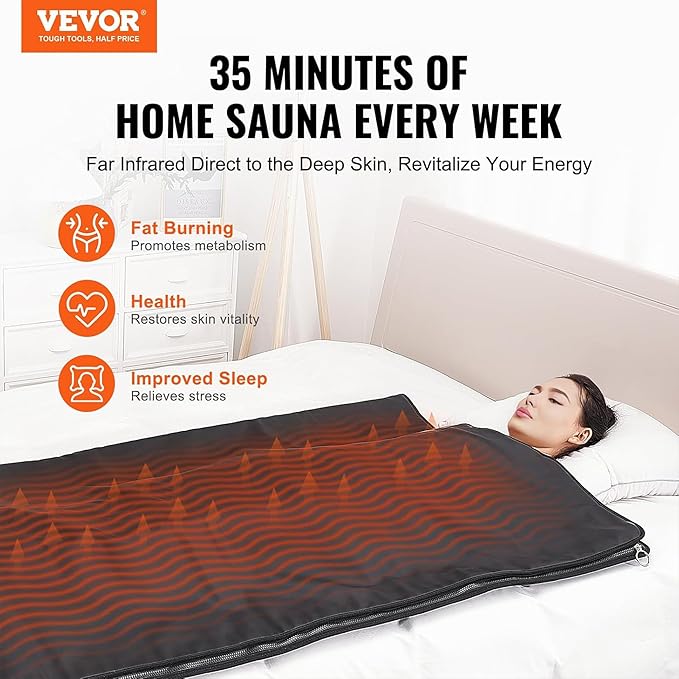 VEVOR Far Infrared Carbon Heating Sauna Blanket for Detoxification and Home Relaxation, Portable with 1-6 Level Adjustable Temperature Range (95-185℉) and 1-60 Minutes Timer