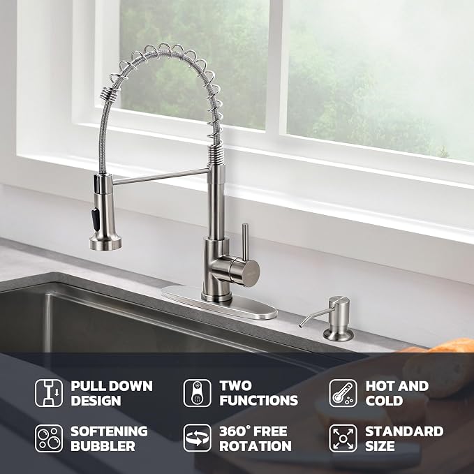 WEWE Kitchen Sink Faucet with Soap Dispenser, Kitchen Faucet with Pull Down - Image 2