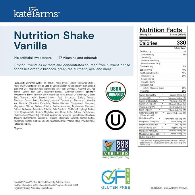KATE FARMS Organic Nutrition Shake, Vanilla, 16g Protein, 27 Vitamins and Minerals, Protein Meal Replacement Drink, Protein Shake, 11 oz (12 Pack)-FlexoryFit